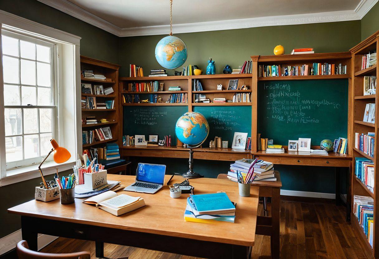 An inviting study space filled with books, laptops, and colorful stationery to symbolize academic success. Include a globe and a chalkboard with inspiring quotes for students and educators. Soft natural lighting filtering through a window to create a warm atmosphere. Illustrate enthusiasm and collaboration through diverse students working together. vibrant colors. super-realistic.
