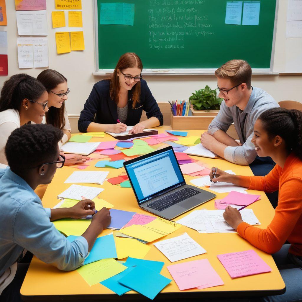 A diverse group of enthusiastic students collaborating around a large table filled with books, laptops, and colorful sticky notes. They are engaged in animated discussion, with a chalkboard in the background filled with academic tips and inspirational quotes. The atmosphere is bright and inviting, symbolizing creativity and success in learning. soft lighting. vibrant colors. painting.